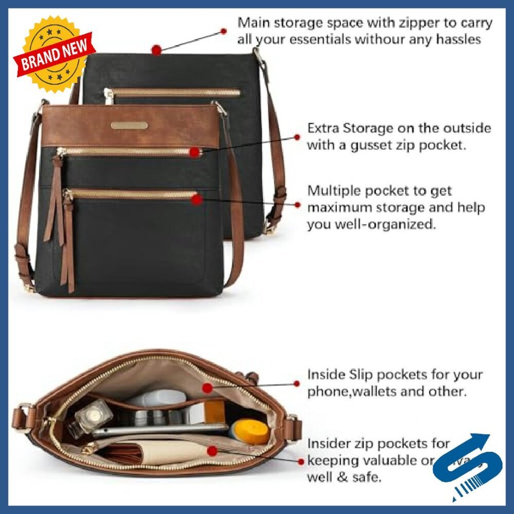Medium Vegan Leather Crossbody Bag with 5 Zipper Pockets for Daily Use - Picture 6 of 8
